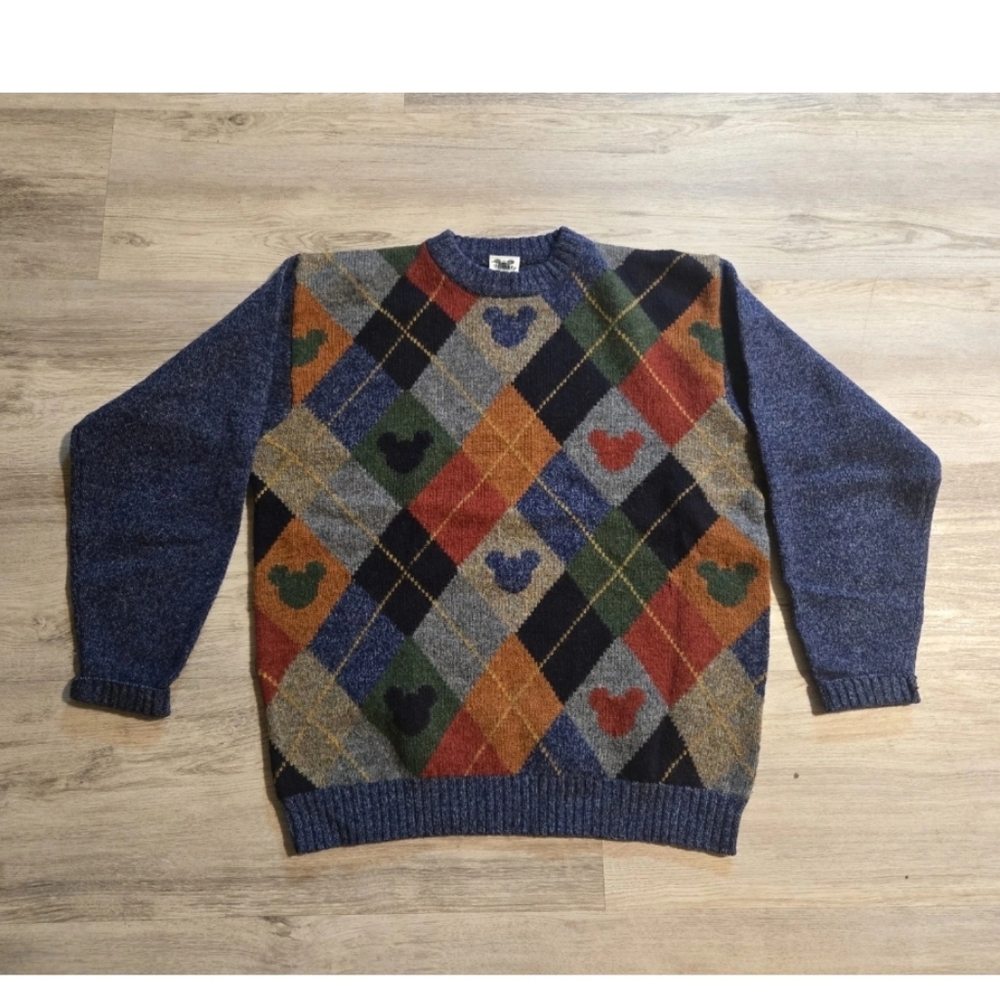Vintage 80s Disney Mickey Mouse S Sweater Pullover Plaid Wool Blue